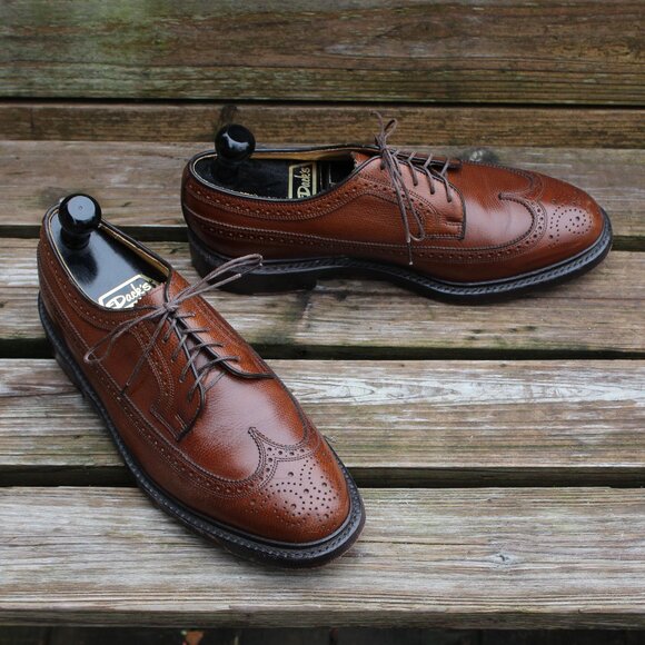 Vintage 80s Florsheim "Gunboat" Wingtips Brown Pebbled Leather, 9 EEE - Picture 1 of 13